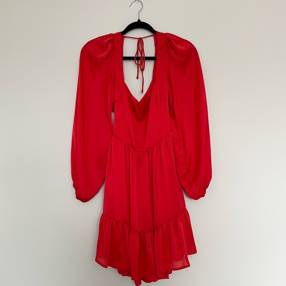 Princess Polly Red Orange Open Back Tie Long Sleeve Ruffle Mini Dress Size 6